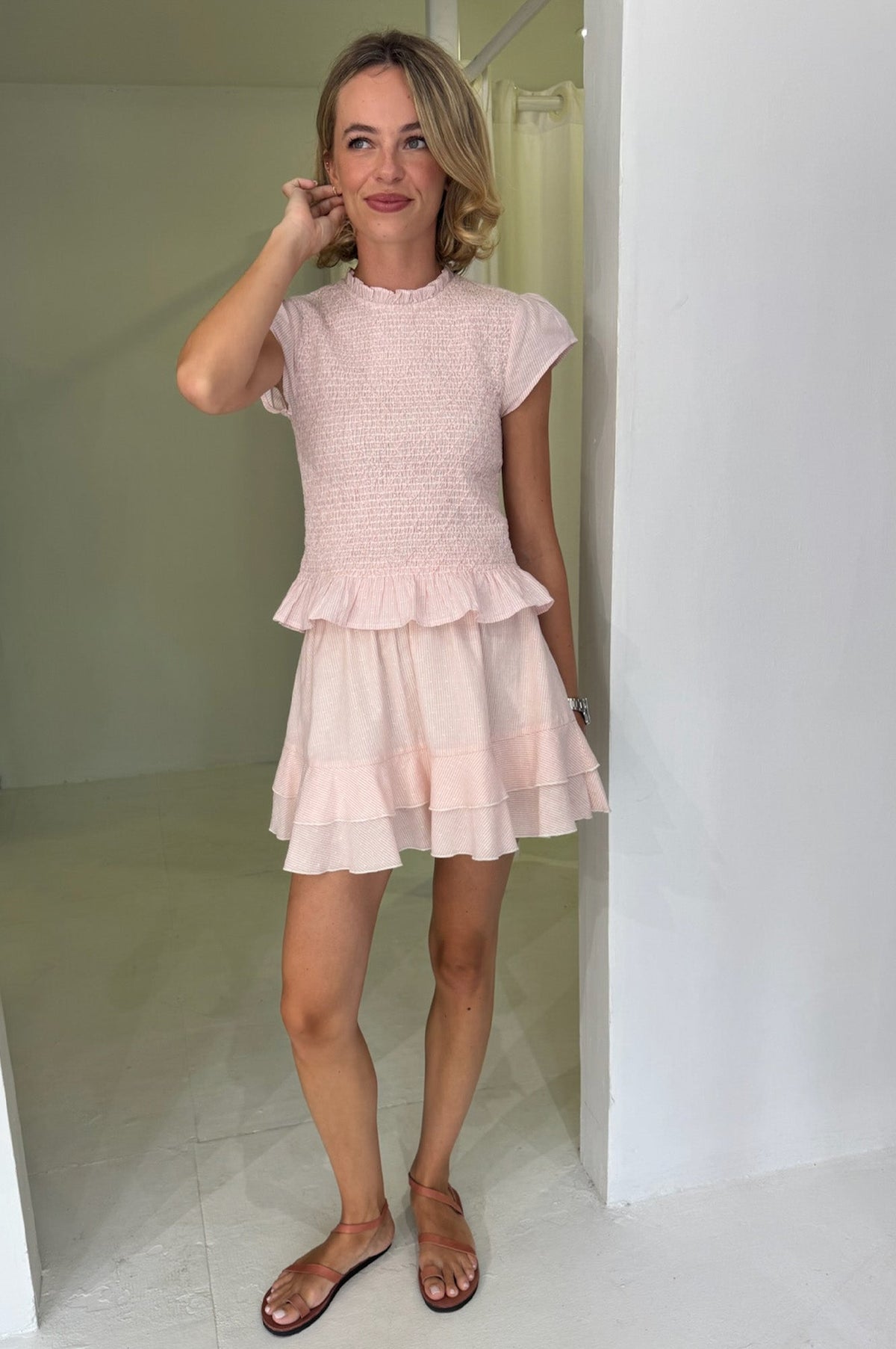 Cicely Stripe Dobby Organic Cotton Mini Skirt | Coral/White