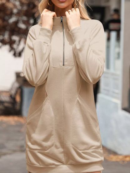 Zip Up Collared Ribbed Patchwork Sweatshirt Dress with Pockets