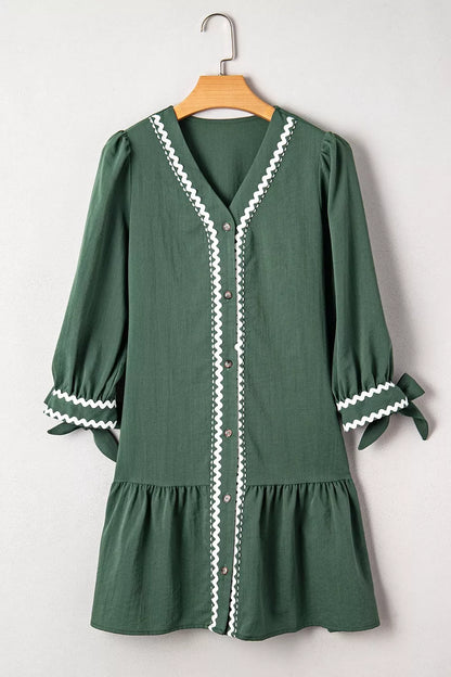 Contrast Ricrac Trim Button V Neck Knotted Bracelet Sleeve Shift Dress