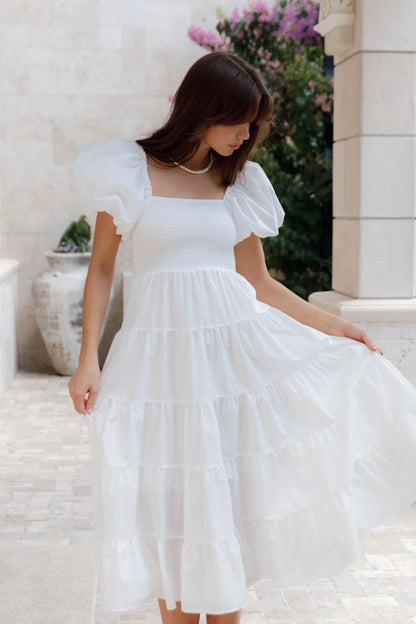 Annette Puff Sleeve Shirred Midi Dress - White