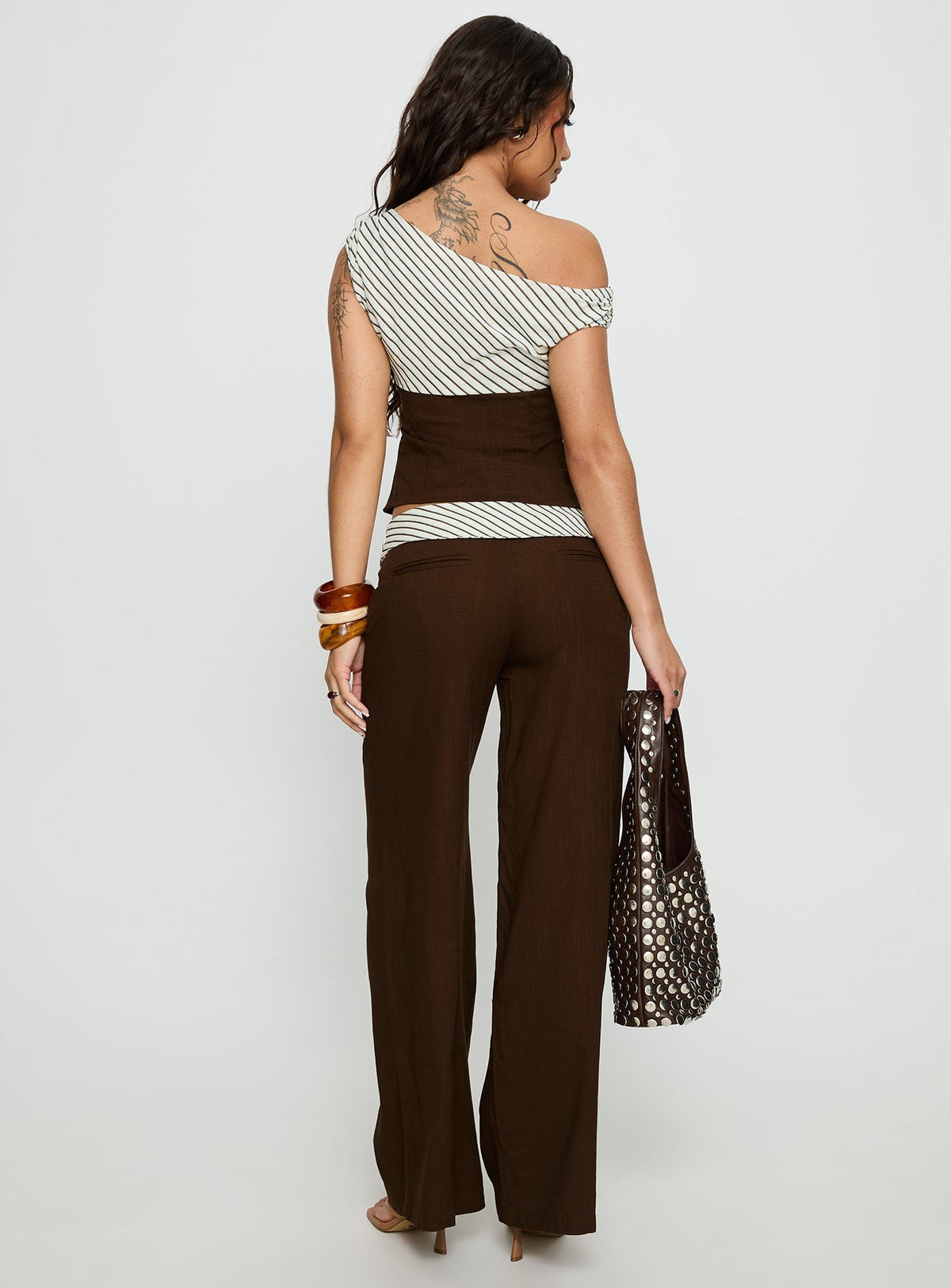 Past Life Fold Over Waistband Trousers Brown / Stripe