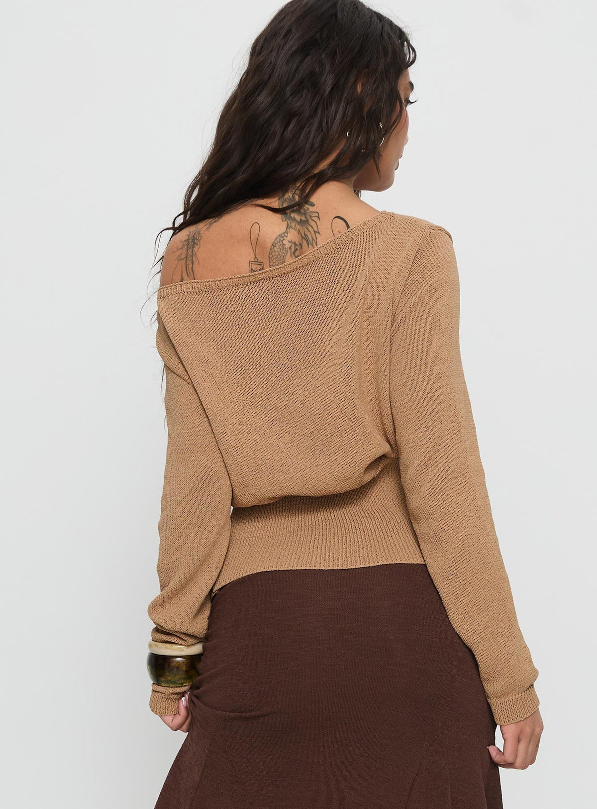 Xaria Off Shoulder Knit Jumper Tan