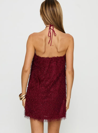Koressa Halter Fringe Mini Dress Burgundy