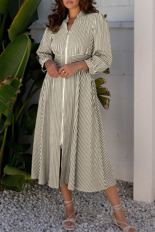 Stripe V Neck Zip Front Cinched High Waist Midi Dress