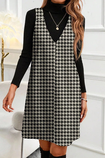 Houndstooth V-Neck Sleeveless Mini Dress