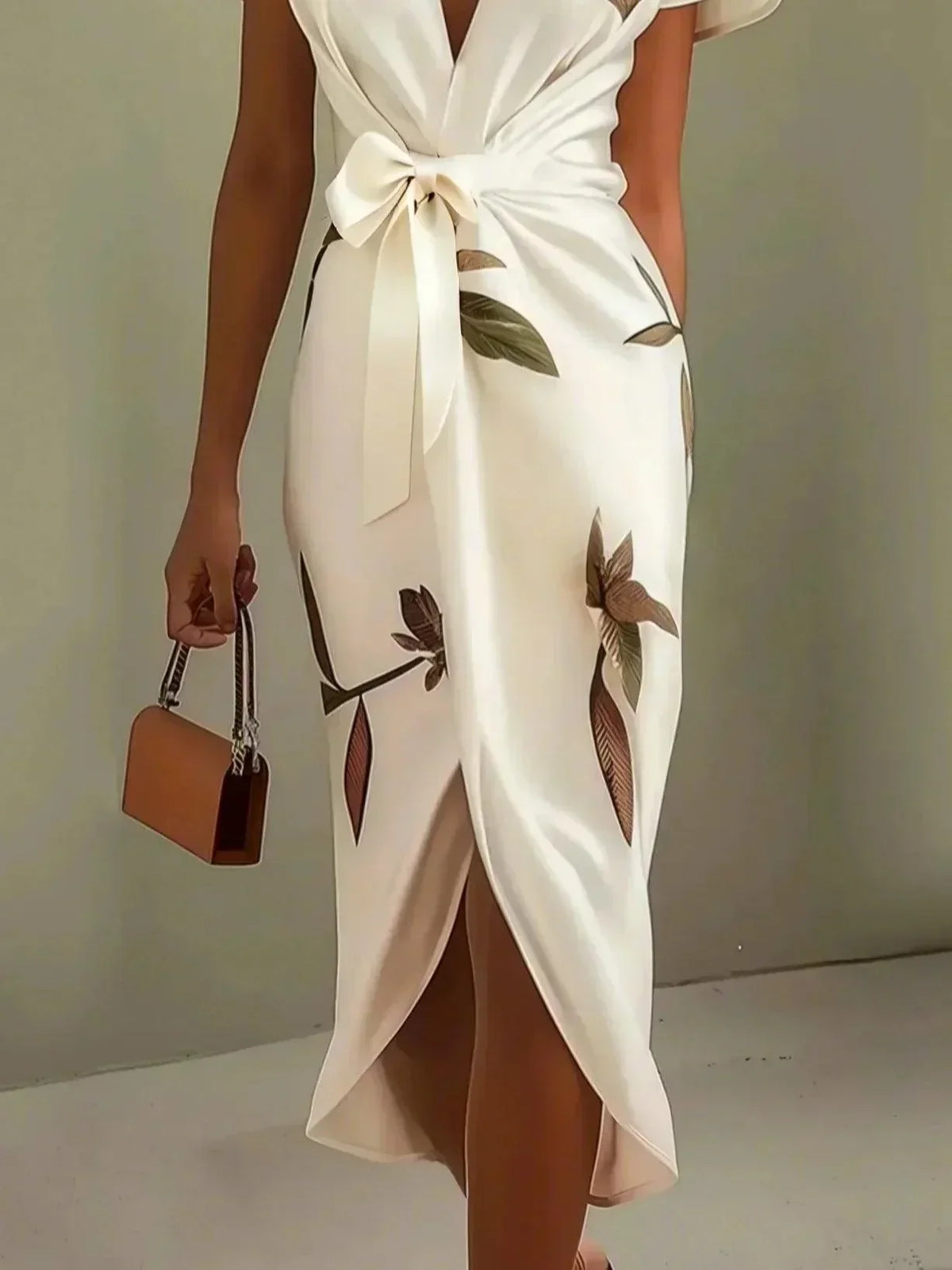 Florence bodycon dress in satin with short sleeves and white leaf pattern