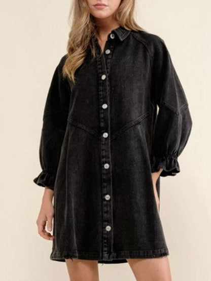 Ruffled Cuff Button-Down Denim Dress