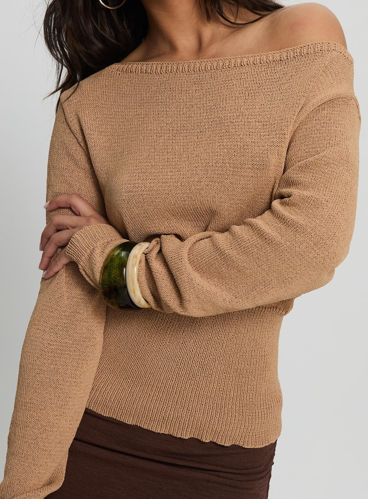 Xaria Off Shoulder Knit Jumper Tan
