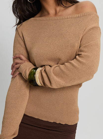 Xaria Off Shoulder Knit Jumper Tan