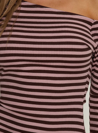 Adrietta Long Sleeve Off Shoulder Mini Dress Chocolate / Pink Stripe