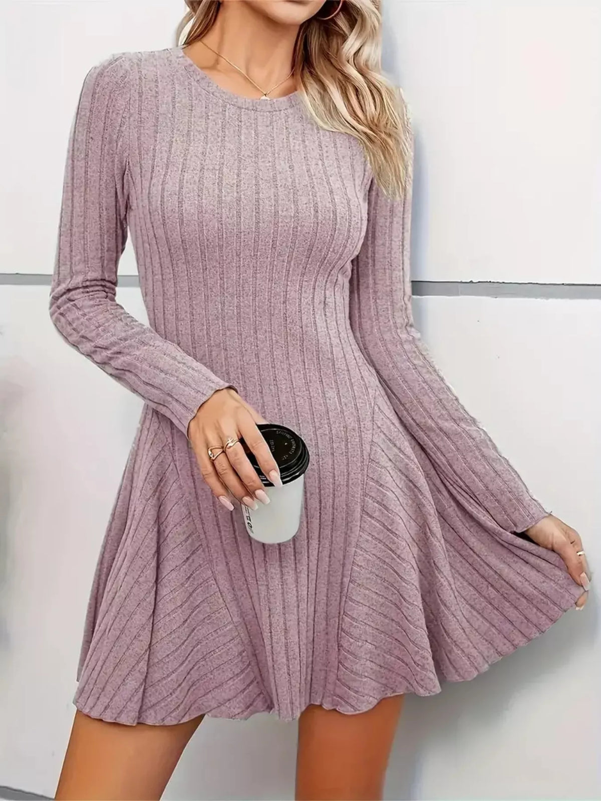 Ribbed Knit Long Sleeve A-Line Dress