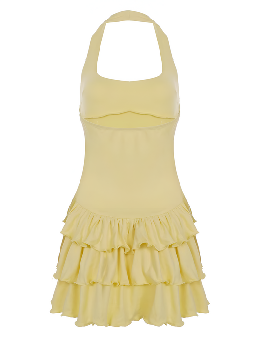 Women's Mini Halter Neck Ruffle Hem Bodycon Summer Dress