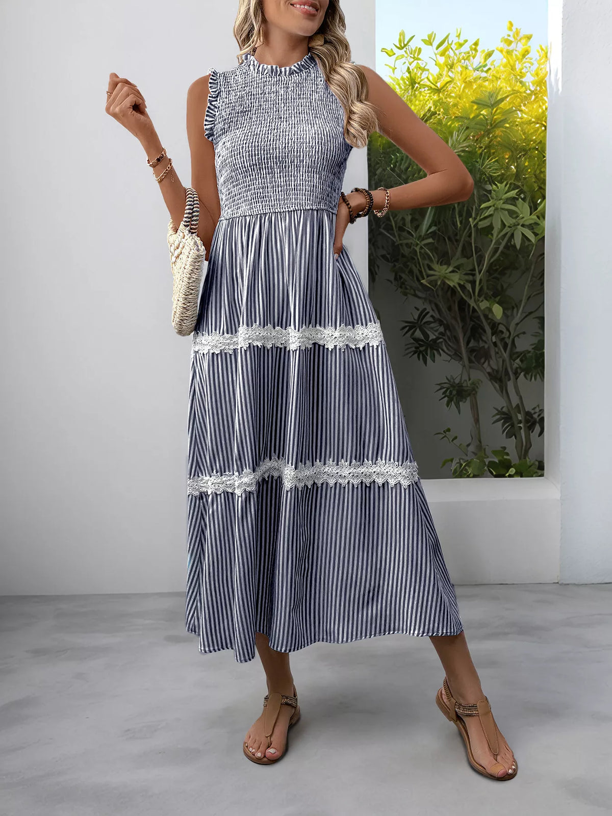 Smocked Striped Lace Trim Sleeveless Midi Dress