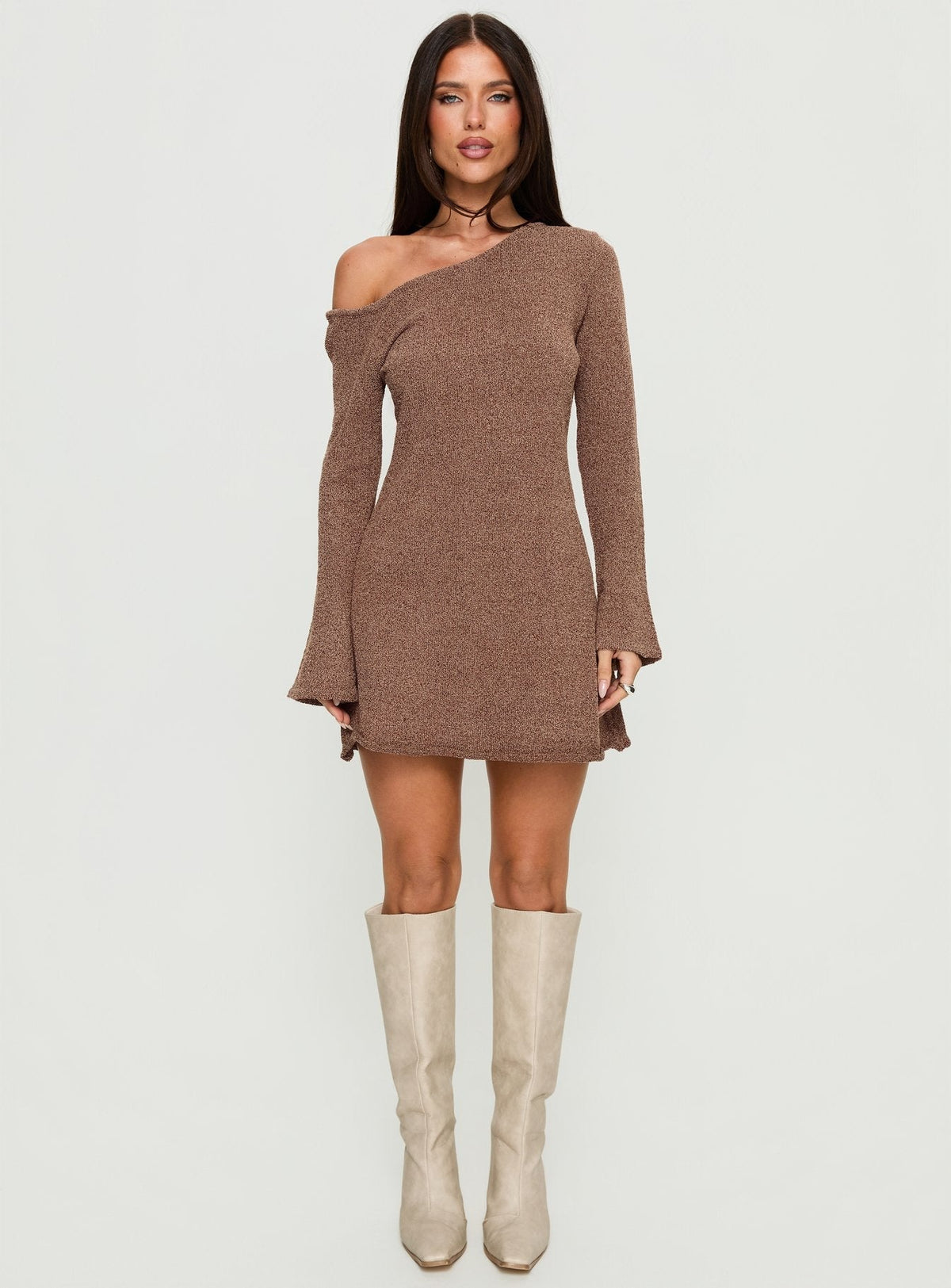 Jaede Off Shoulder Knit Mini Dress Mocha