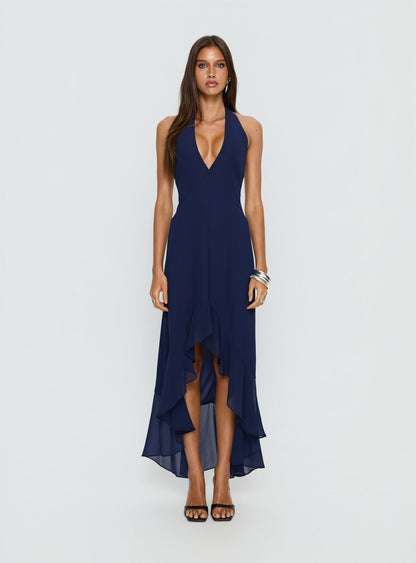 Agata Halter Frill Maxi Dress Navy