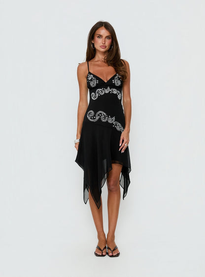Pappilion Asymmetrical Midi Dress Black