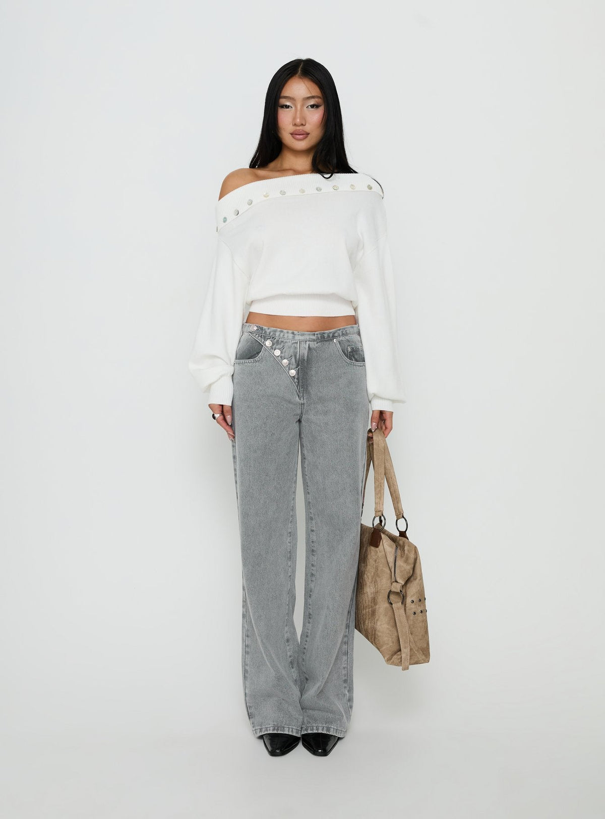 Pipper Asymmetrical Button Up Jeans Grey Wash