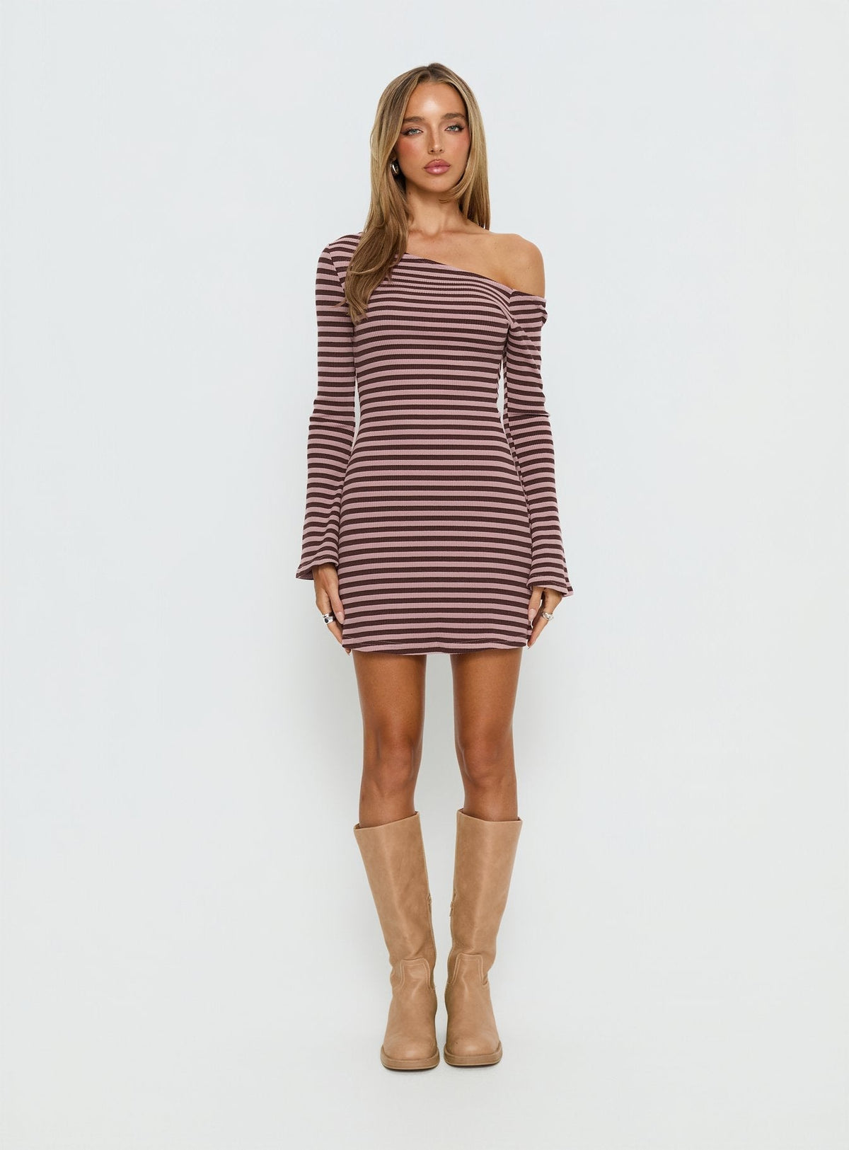 Adrietta Long Sleeve Off Shoulder Mini Dress Chocolate / Pink Stripe
