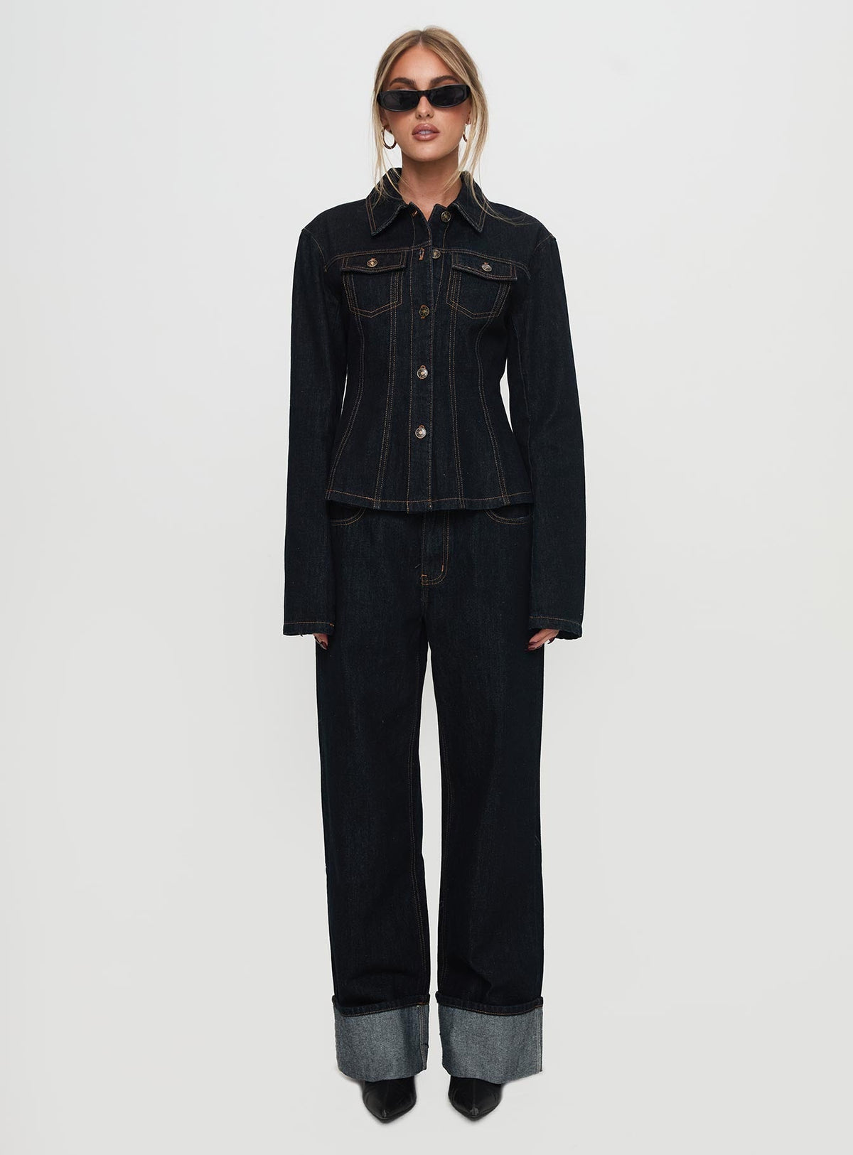 Top Model Low Rise Straight Leg Cuffed Jean Dark Denim