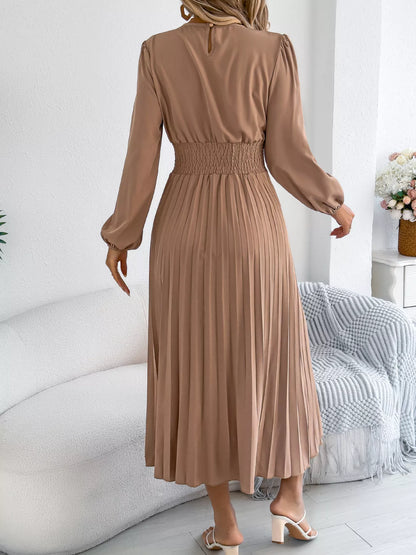 Smocked Pleated Long Sleeve Midi Dress
