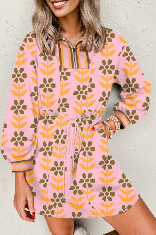 Floral Stripe Patchwork Long Sleeve Mini Dress