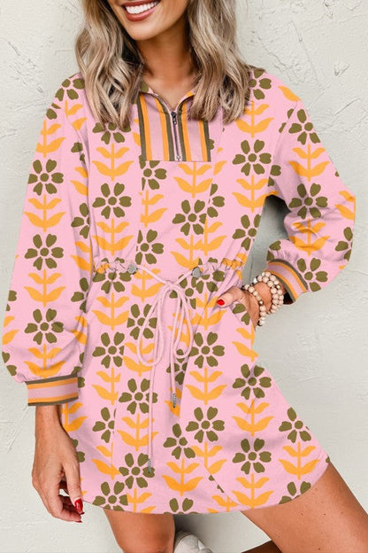 Floral Stripe Patchwork Long Sleeve Mini Dress