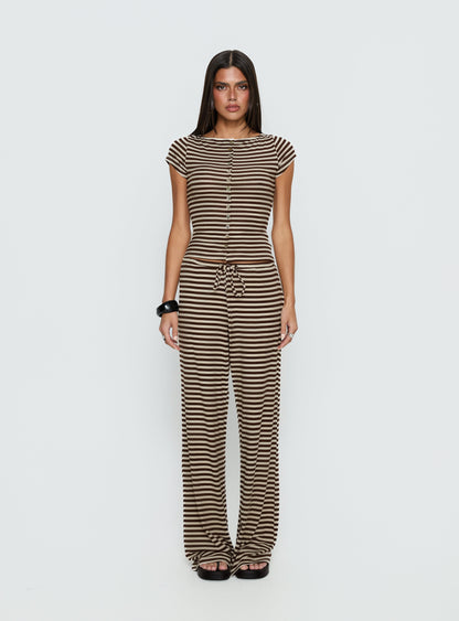 Angellina Jersey Button Down Top Chocolate / Cream Stripe