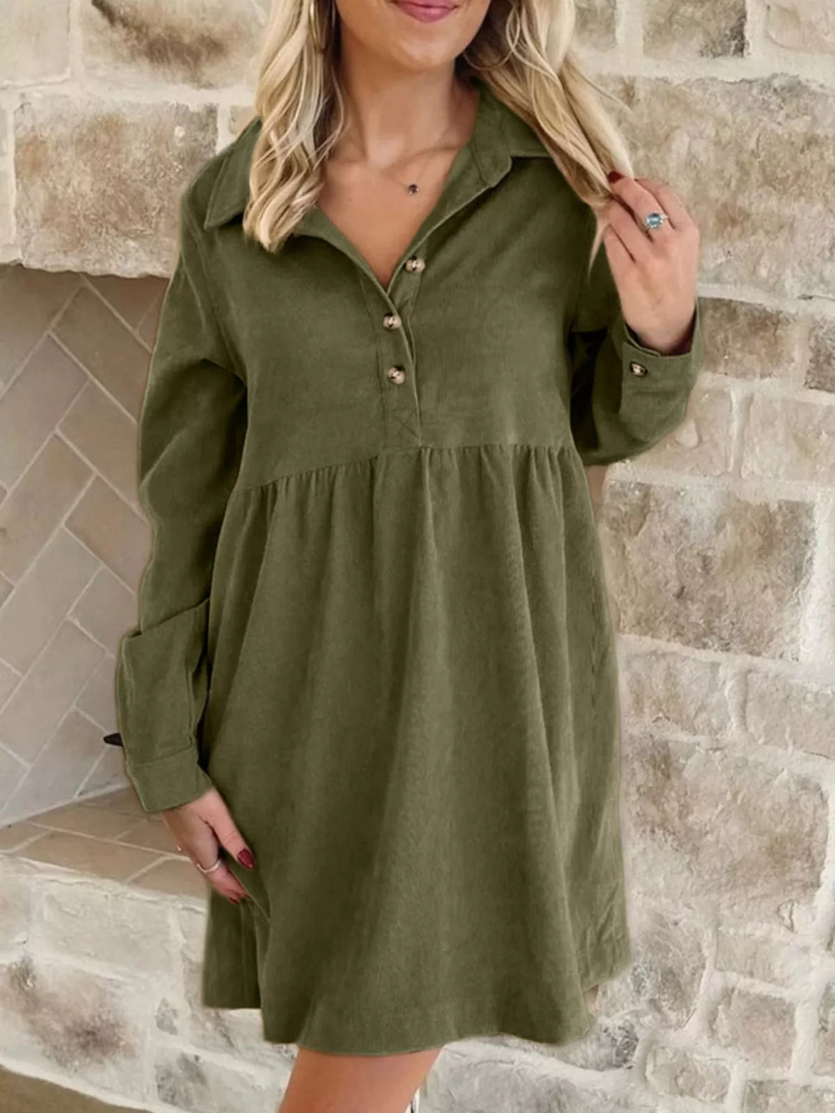 Casual Corduroy Button Detail Mini Dress