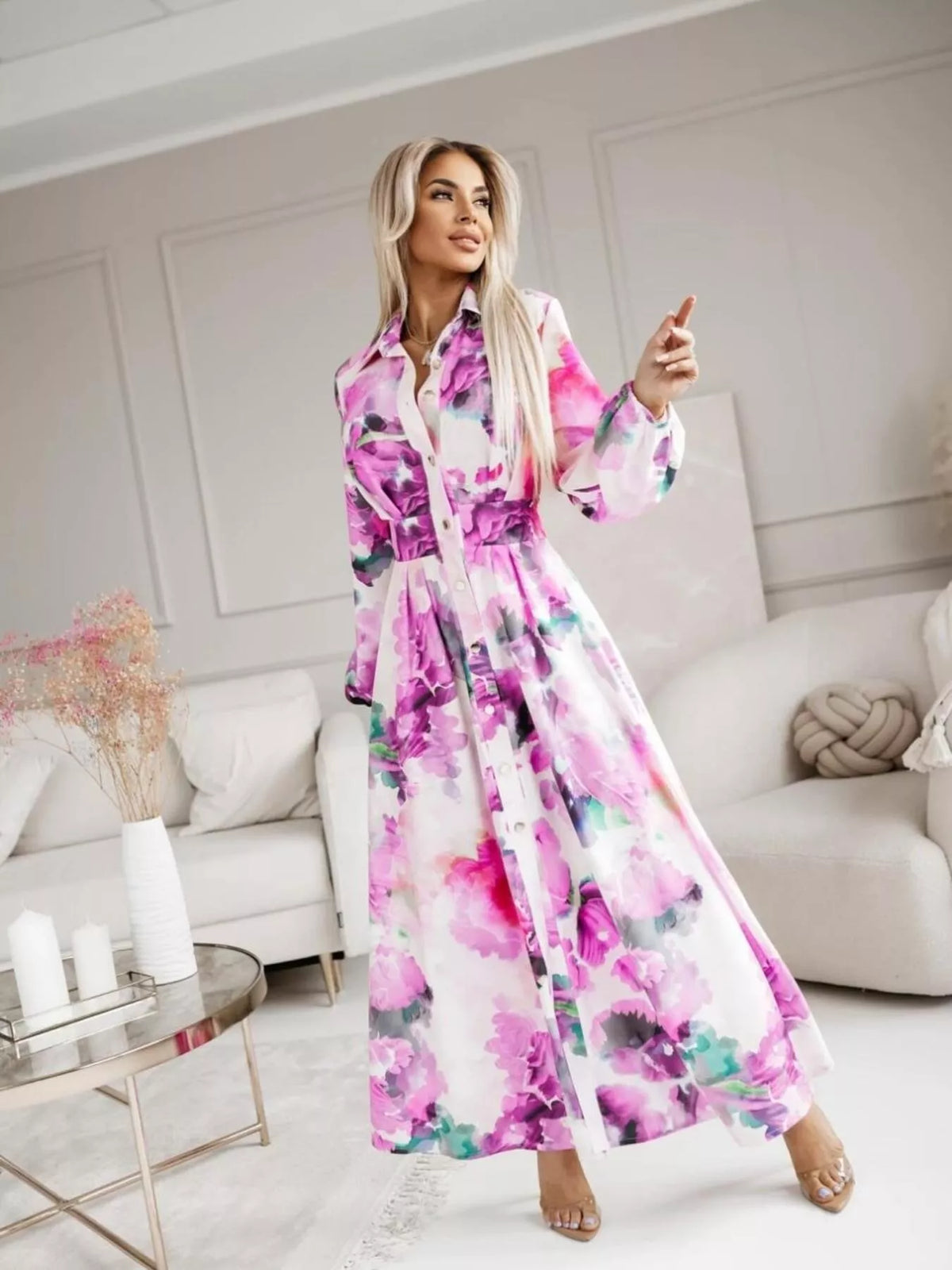 Printed Button Front Maxi Shirt Dress