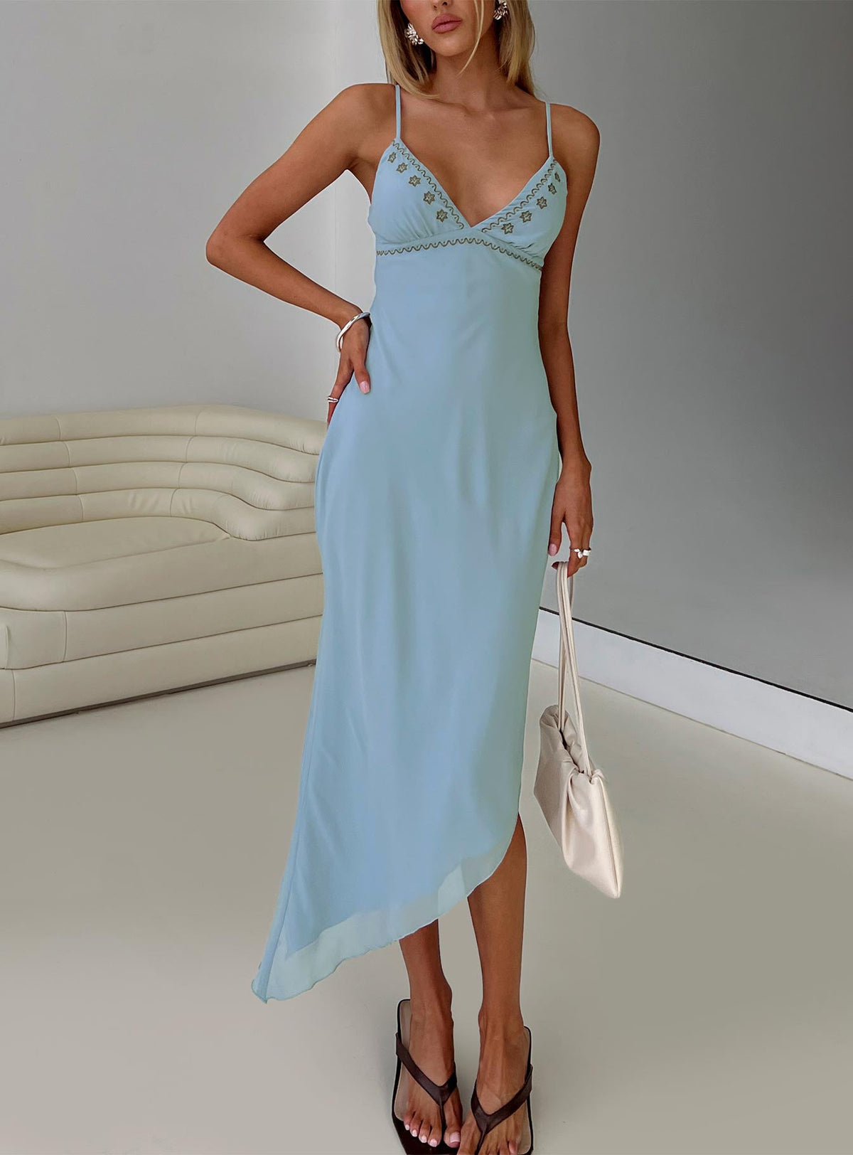 Fleuretta Embroidered Midi Dress Blue / Brown