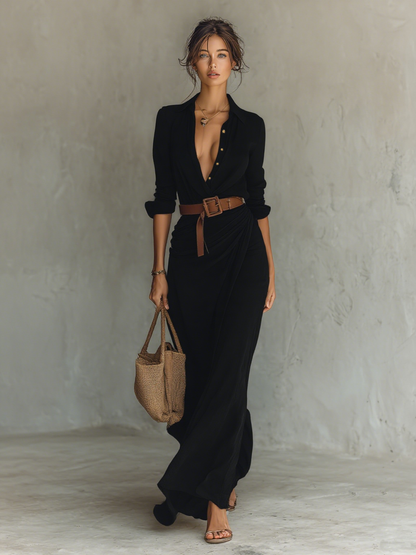 Maxi Long Dress with Notched Collar for Women, Long Sleeves, One-Button Closure