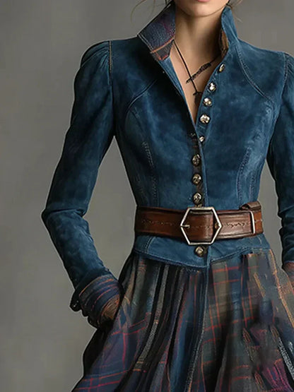 Maxi dress in retro style with a blue checkered pattern (includes a belt)