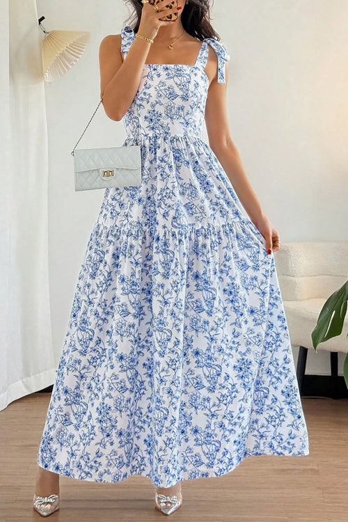 Sky Blue Floral Print Knot Straps High Waist Flared Maxi Dress
