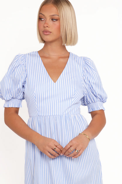 Steele Puff Sleeve Midi Dress - Blue Stripe