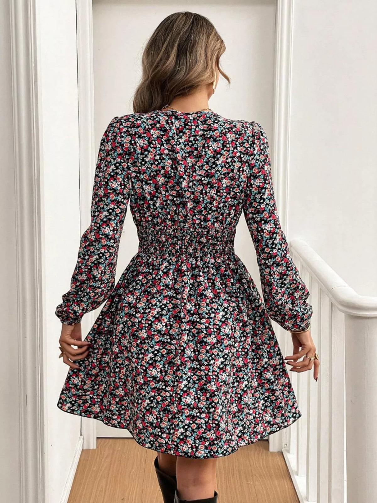 Printed Balloon Sleeve Mini Dress