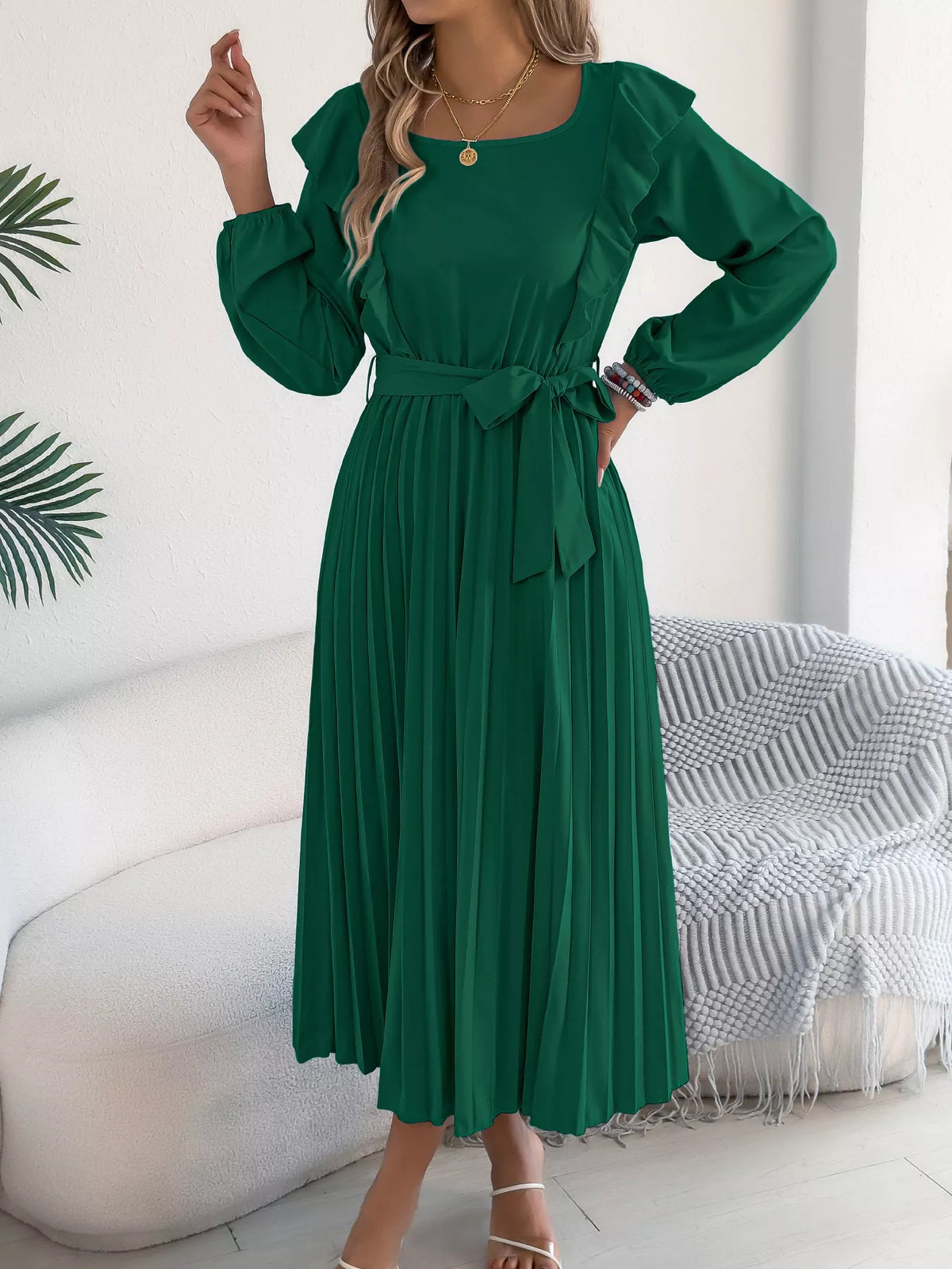 Ruffle Trim Pleated A-Line Midi Dress