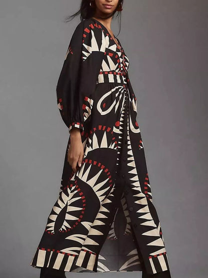 Full Size Geometric Long Sleeve Dress Plus Size