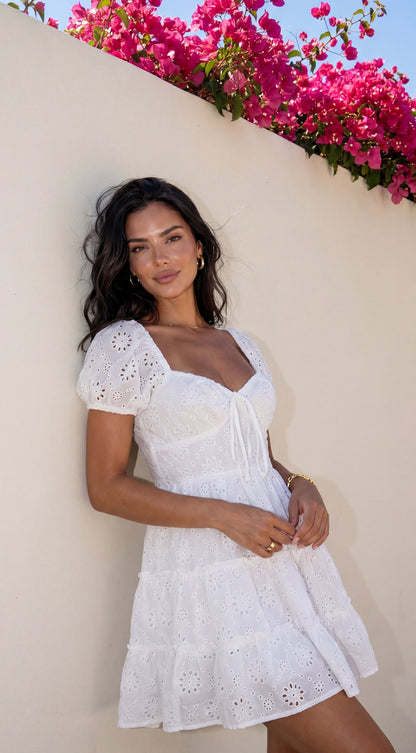 Idylla Eyelet Tiered Mini Dress - White