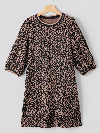 Leopard Print Bubble Sleeve Shift Mini Dress