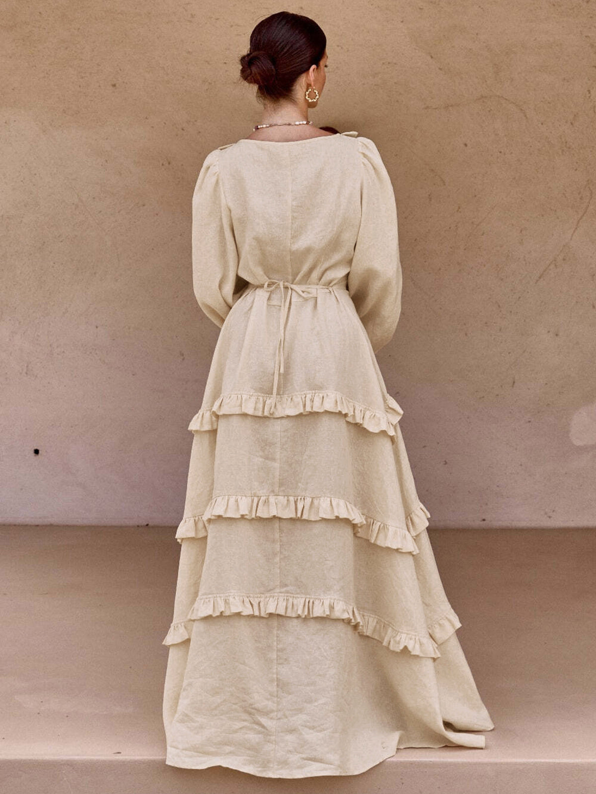 Cotton & Linen Semi-Sheer Ruffle Trim Long Dress