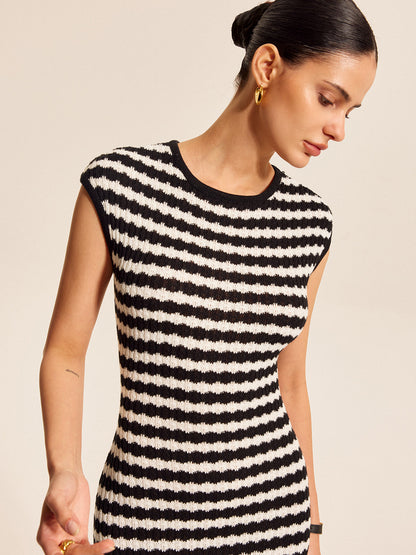 Striped Cap Sleeves Knit Dress