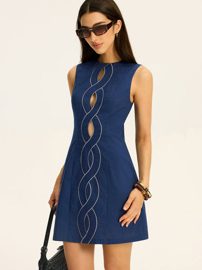 Linen & Cotton Cut-Out Contrast-Stitch Mini Dress