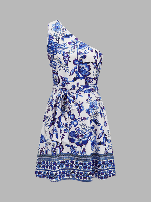 One Shoulder Floral Print Belted Mini Dress
