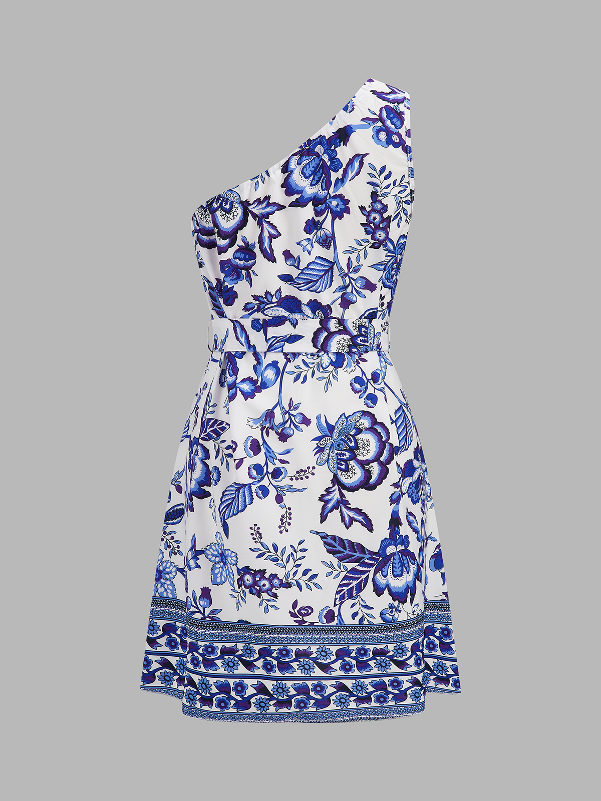 One Shoulder Floral Print Belted Mini Dress