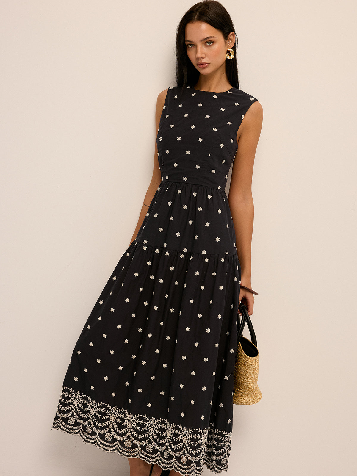 Back Cutout Embroidered Sleeveless Cotton Dress