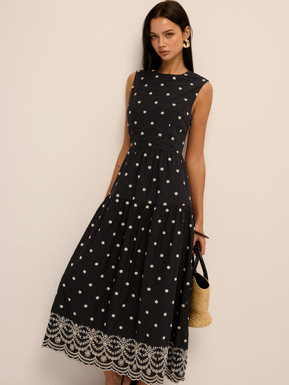 Back Cutout Embroidered Sleeveless Cotton Dress