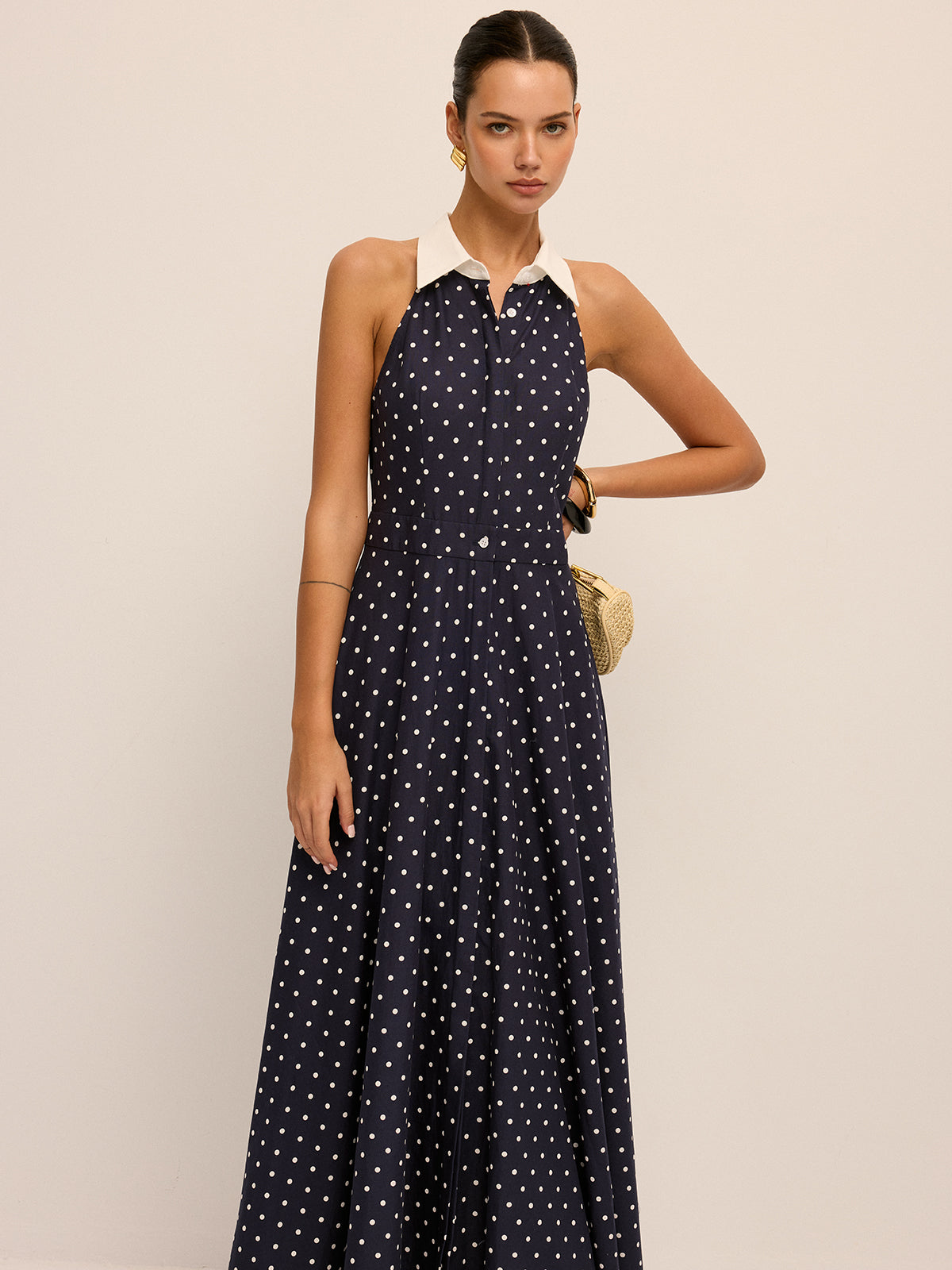 Polka Dot Contrast Collar Cotton Linen Dress