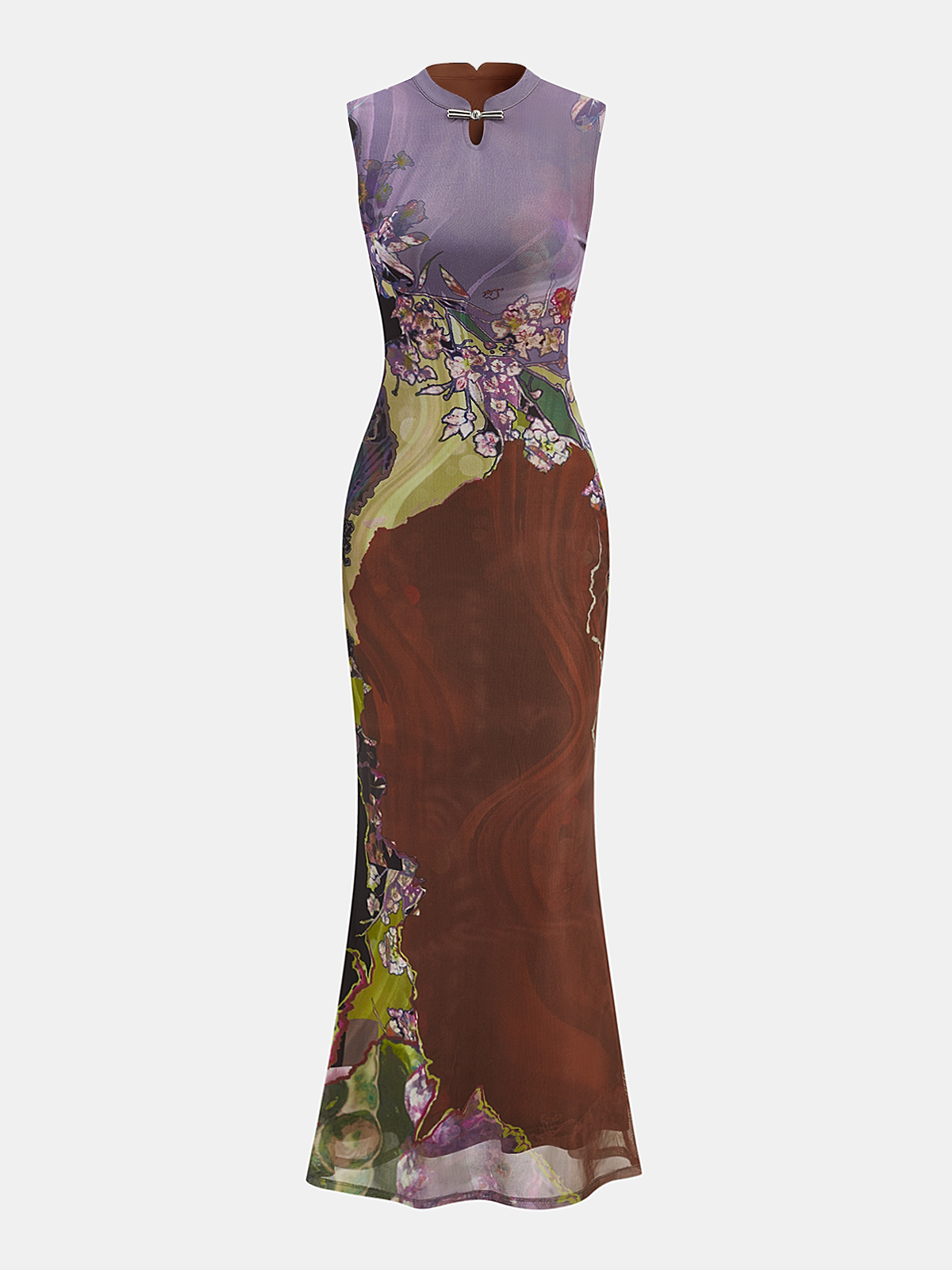 Sleeveless Floral Cheongsam Maxi Dress