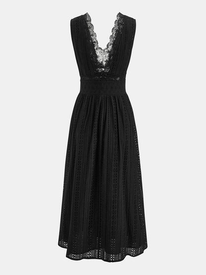 Lace Trim V-Neck Eyelet Maxi Dress