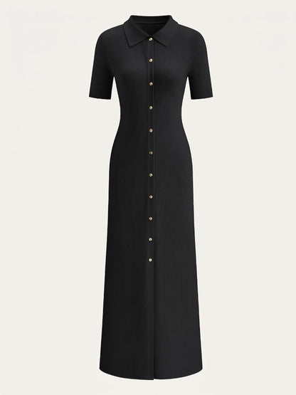 Metal Button Collar Midi Dress in Premium Fabric